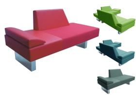 Two purist adjoining but independently aesthetic, minimalist sofas or chaises, float on polished stainless steel rectangular box legs, with a pleasing open perspective from all angles. Perfect for and architectural space.